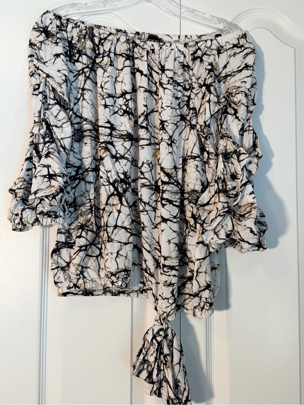 Coco Bianco Black and White Marble Tie-Front Off-Shoulder Top